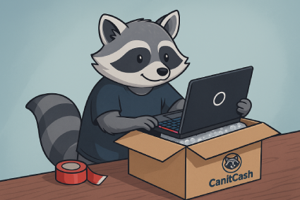 Cash the Raccoon packing a gaming laptop into a Canitcash box – best place to sell a gaming laptop.