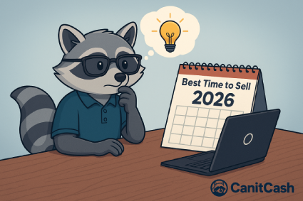 Cash the Raccoon wearing glasses sits at a desk with a laptop and looks thoughtfully at a 2026 calendar, representing the best time to sell a laptop for top value.