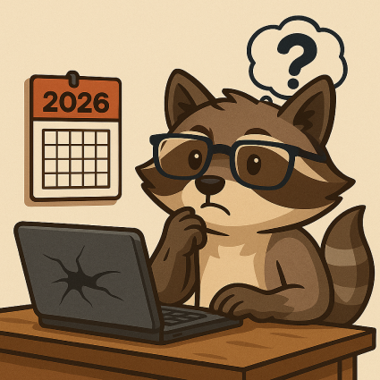 Cash the Raccoon wearing glasses sits at a desk with a cracked laptop and a 2026 calendar, representing sell a broken laptop for cash.