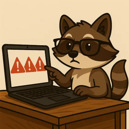 Cash the Raccoon pointing at red warning icons on a laptop screen, illustrating how to sell a laptop without getting scammed.