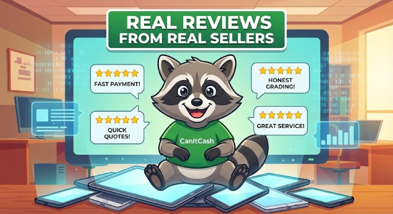 CanItCash raccoon mascot with 5-star customer canitcash reviews for fast payment and honest grading on used electronics.