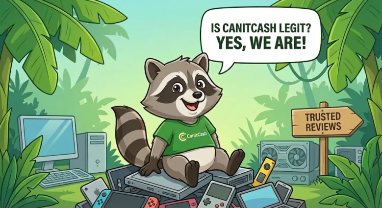 CanItCash raccoon mascot sitting on a pile of electronics with a speech bubble saying Is CanItCash Legit? Yes We Are!